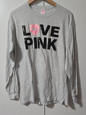 PINK Victoria's Secret Gray Long Sleeve Tee with Black and Pink Sequin Logo